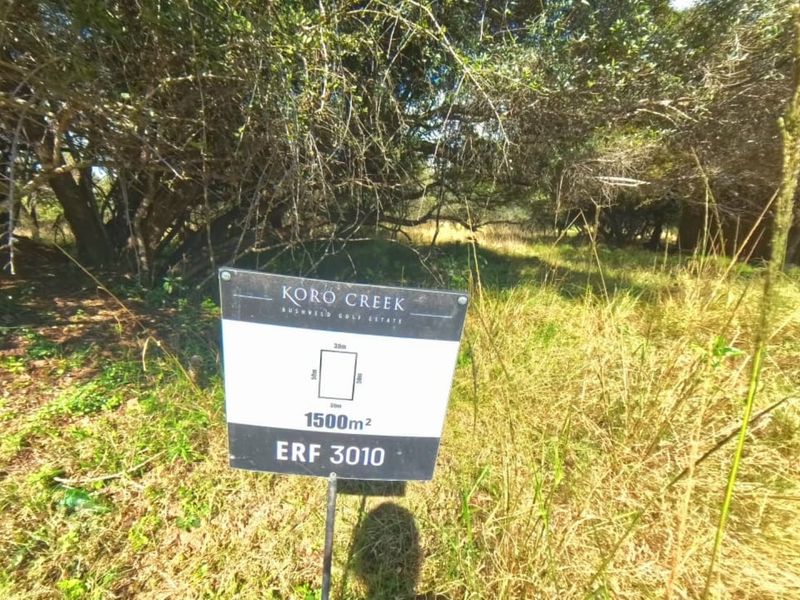 A view of a vacant residential plot in Koro Creek Bushveld Golf Estate, featuring natural bushveld vegetation and mature trees.