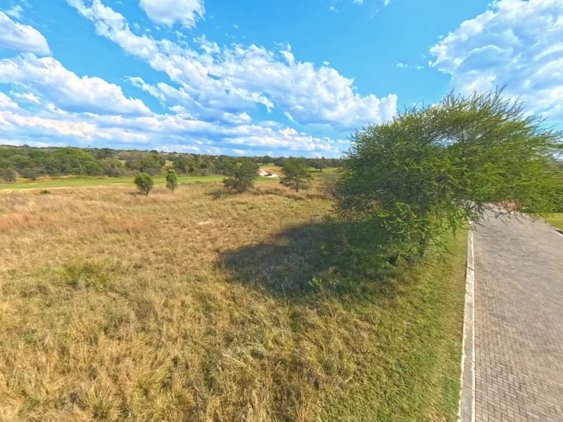 An aerial view of a vacant residential plot featuring natural grassland, mature trees, and adjacent paved road access.