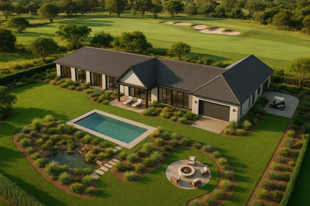 Aerial view of a modern residential property featuring a swimming pool, landscaped garden, fire pit area, and golf course frontage.