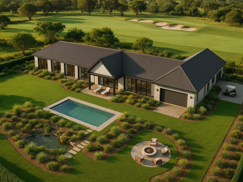 Aerial view of a modern residential property featuring a swimming pool, landscaped garden, fire pit area, and golf course frontage.
