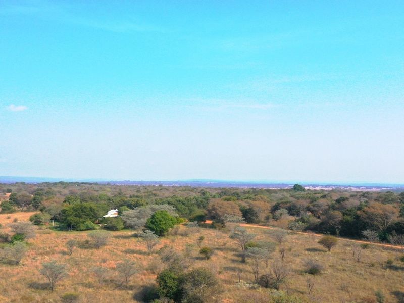 An aerial view of the expansive farm landscape, showcasing the natural terrain, vegetation, and open space of the property.