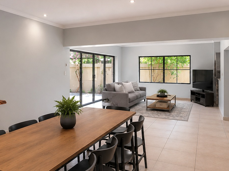 Spacious open-plan living and dining area featuring neutral walls, tiled flooring, recessed lighting, and large sliding doors providing access to the outdoor space.
