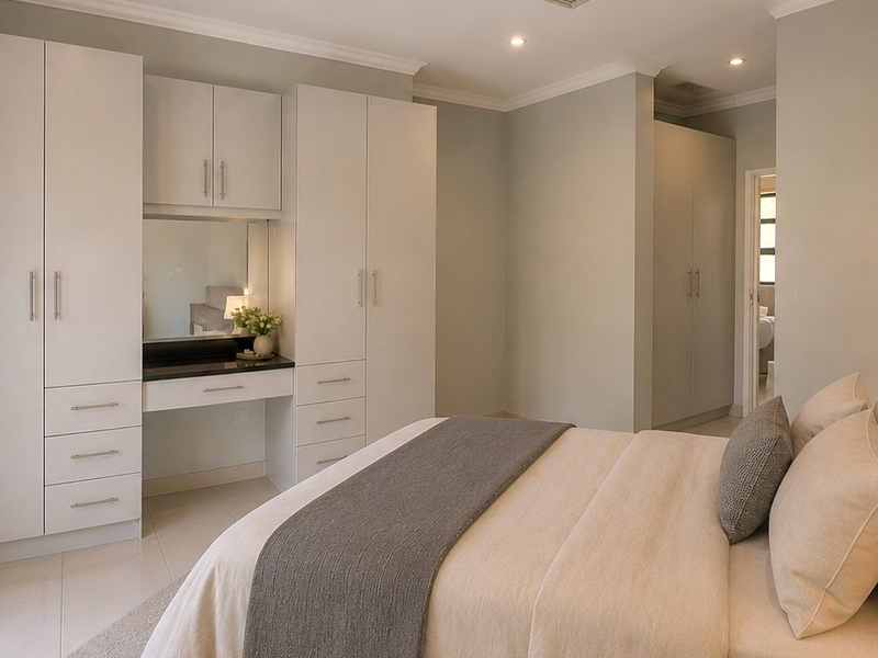 A well-maintained bedroom featuring extensive built-in cabinetry with an integrated vanity, recessed lighting, and neutral tiled flooring.