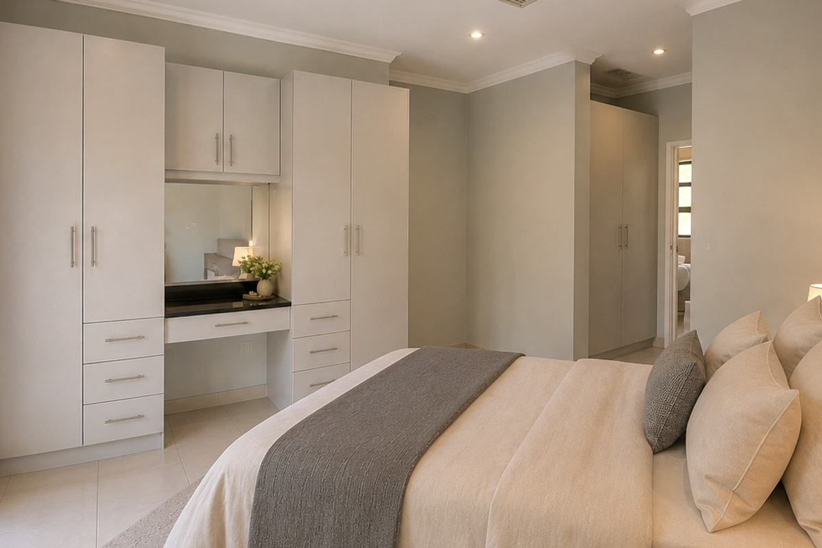 A well-maintained bedroom featuring extensive built-in cabinetry with an integrated vanity, recessed lighting, and neutral tiled flooring.