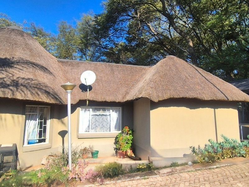 Front elevation of a house featuring a traditional thatched roof, paved driveway, and established garden surroundings.