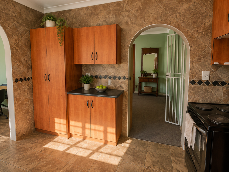 A functional kitchen featuring wood-finish cabinetry, tiled backsplash, and an electric stove, connected to adjacent living spaces through classic arched doorways.