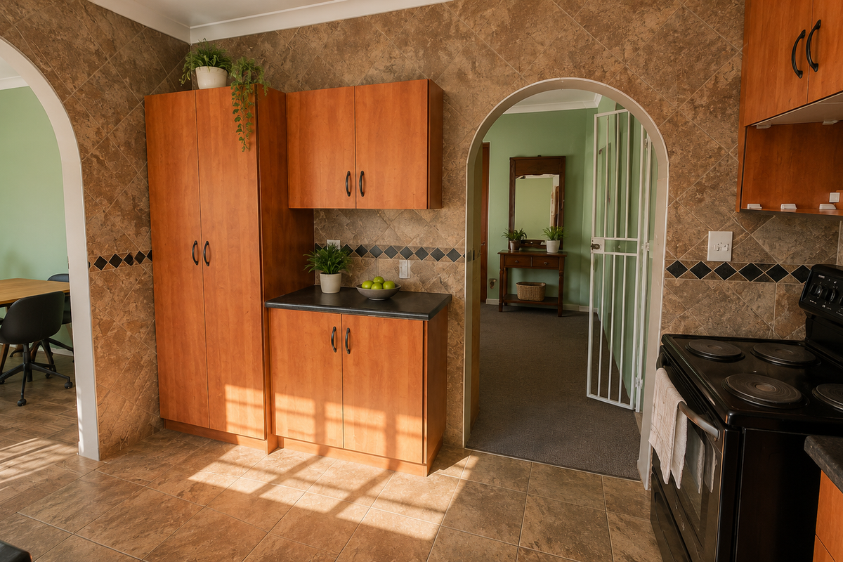 A functional kitchen featuring wood-finish cabinetry, tiled backsplash, and an electric stove, connected to adjacent living spaces through classic arched doorways.