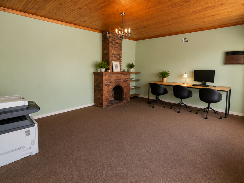 A spacious home office featuring a brick fireplace, timber ceiling, and wall-mounted air conditioning unit, providing a functional workspace with carpeted flooring.