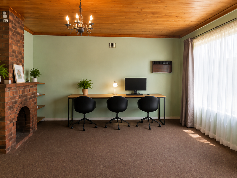 A living room featuring a classic brick fireplace, warm timber ceiling, and large window with natural light, currently utilized as a home office space.