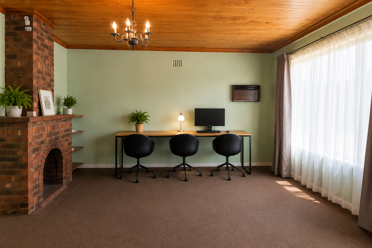 A living room featuring a classic brick fireplace, warm timber ceiling, and large window with natural light, currently utilized as a home office space.