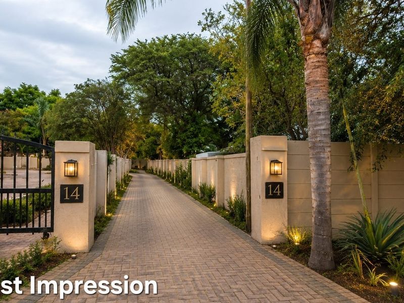 A well-maintained paved driveway entrance featuring perimeter walls, security gate, and integrated pillar lighting, providing a secure and welcoming approach to the property.