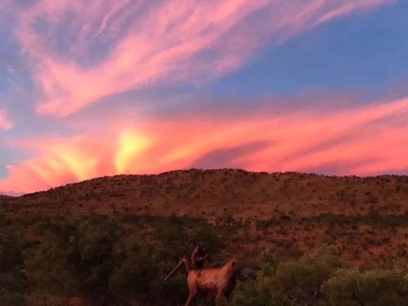 A scenic view of the surrounding landscape featuring rolling hills under a vibrant sunset sky.