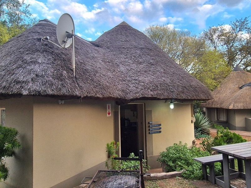 Exterior view of a traditional thatched-roof cottage featuring a satellite dish and outdoor lighting, set within a landscaped garden area.