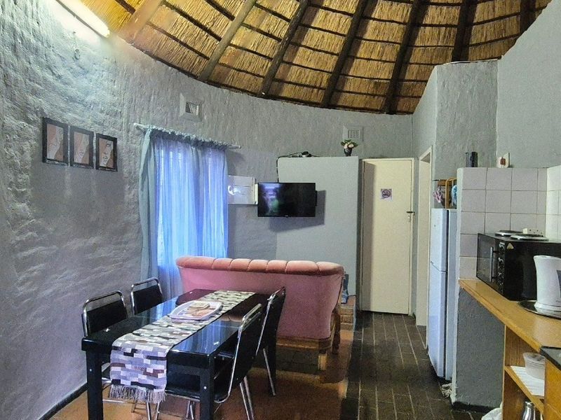 Open-plan living and kitchen area featuring a traditional thatched roof, exposed rafters, and rustic textured walls in a compact layout.