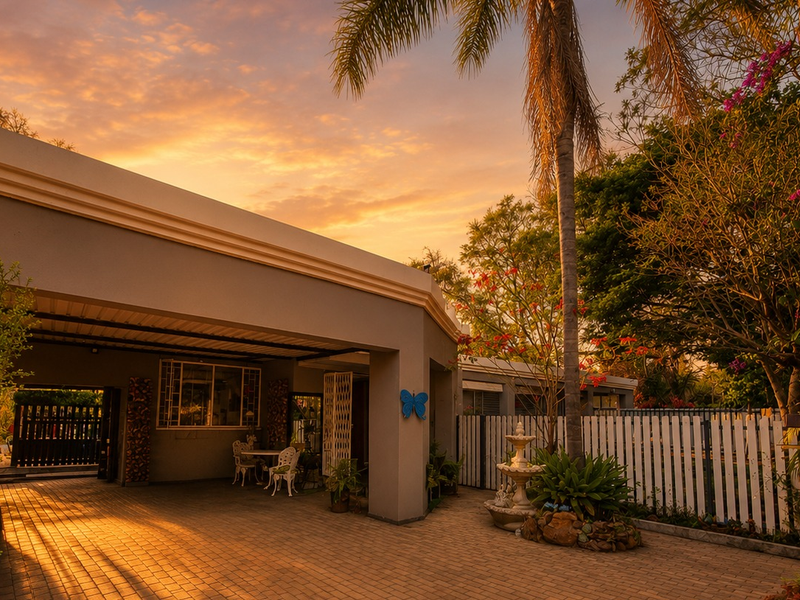A well-maintained rear exterior area featuring a paved driveway, covered patio space, white picket fencing, and established garden landscaping at sunset.