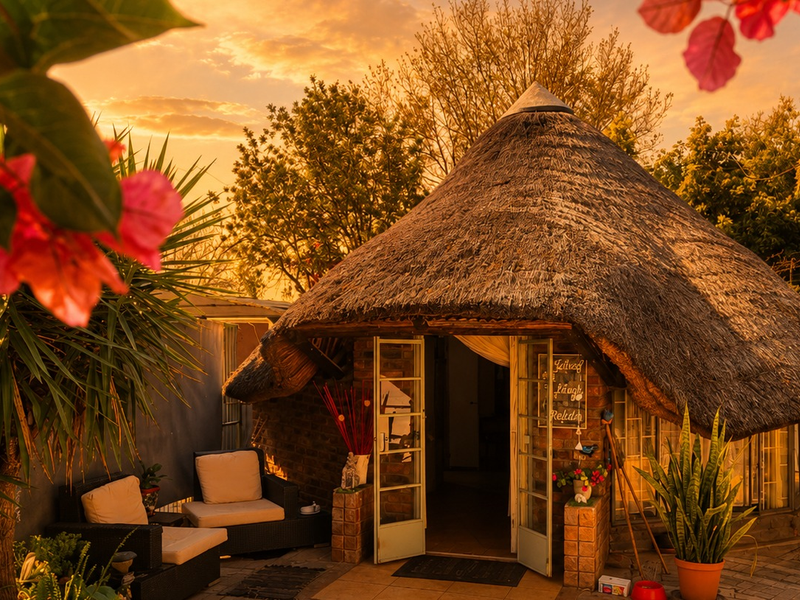 A charming outdoor area featuring a traditional thatched-roof structure with brick walls and French doors, set within a landscaped garden at sunset.