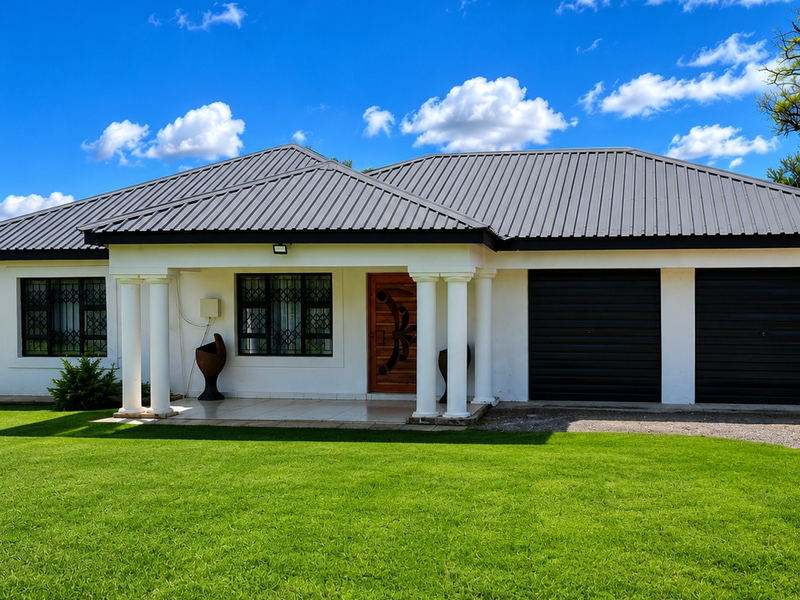 A well-maintained single-story house featuring a modern metal roof, double garage, and a welcoming covered porch with decorative columns.