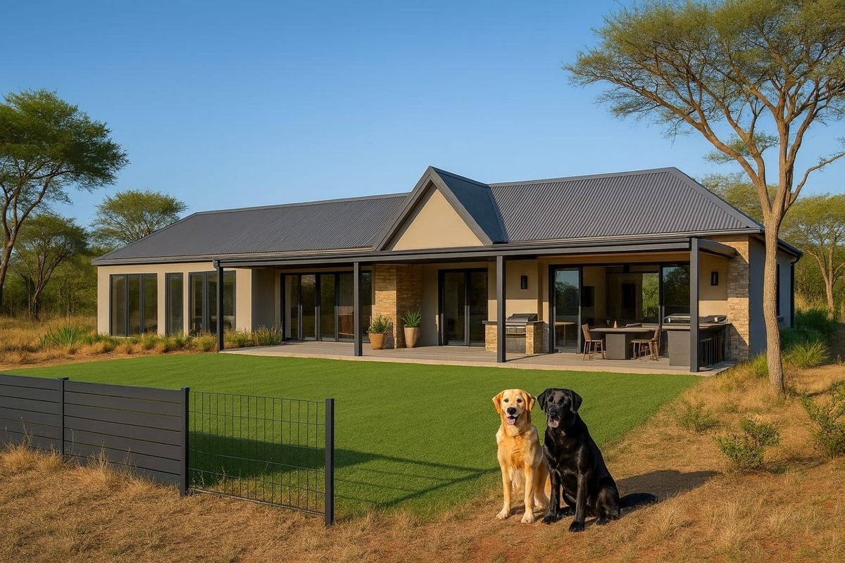 A modern residential rear elevation featuring a spacious covered patio, built-in outdoor kitchen area, and well-maintained lawn in a natural bushveld setting.