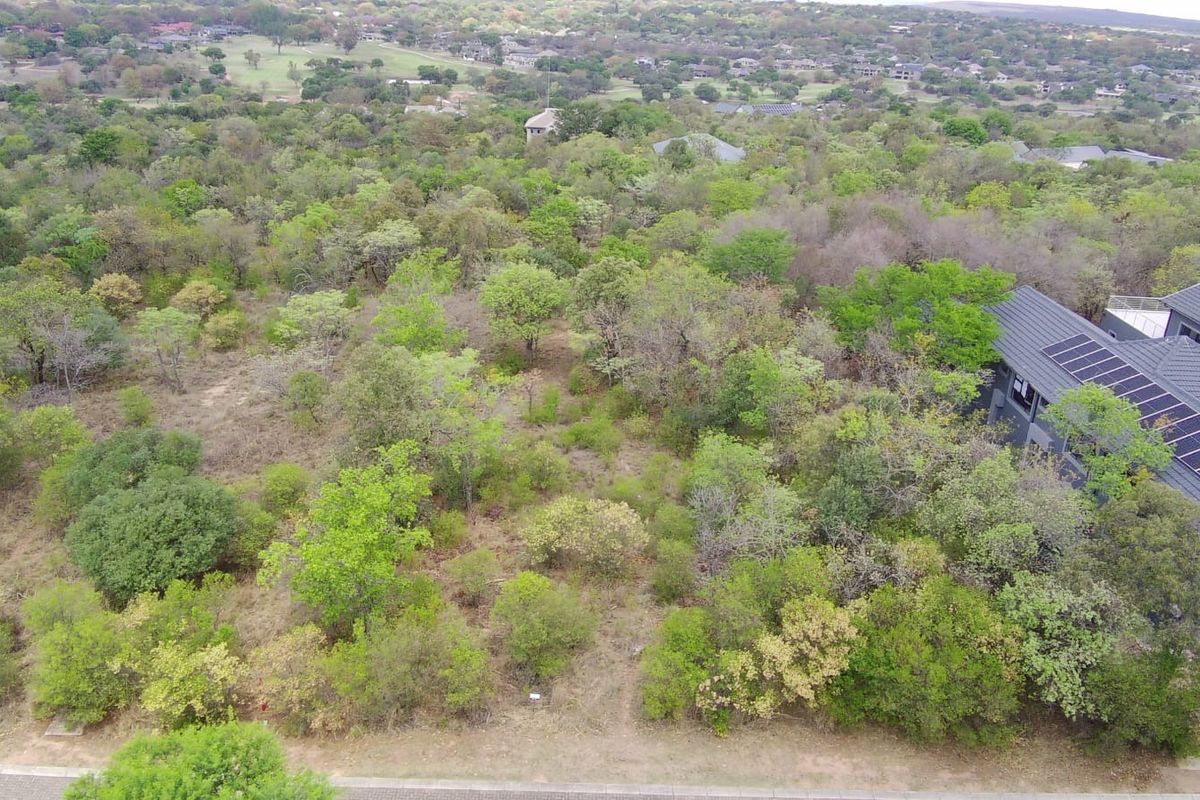 An aerial view of a vacant residential plot featuring established native vegetation and direct access to a paved road.
