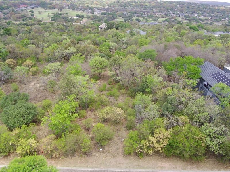 An aerial view of a vacant residential plot featuring established native vegetation and direct access to a paved road.