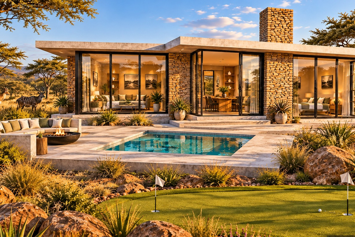A luxury modern residence featuring stone cladding, expansive glass walls, a private swimming pool, and a putting green set in a scenic landscape.