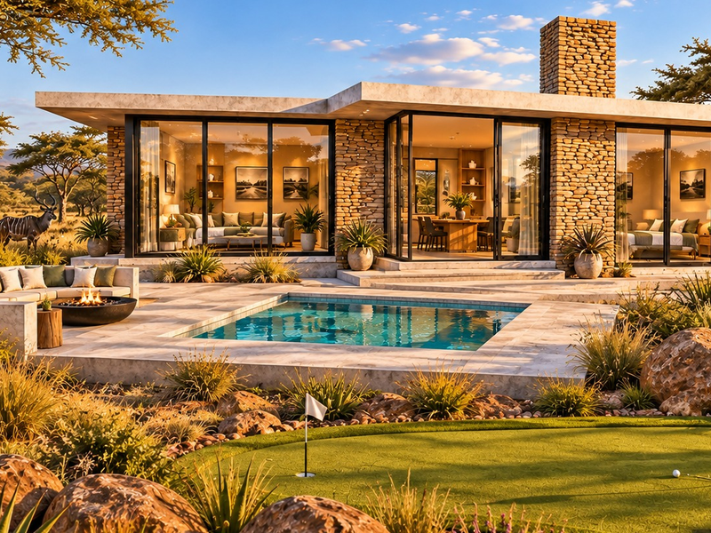 A luxury modern residence featuring stone cladding, expansive glass walls, a private swimming pool, and a putting green set in a scenic landscape.