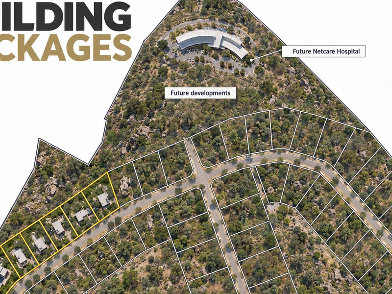 An aerial site plan showing the layout of residential plots, road infrastructure, and surrounding development areas including a future hospital site.