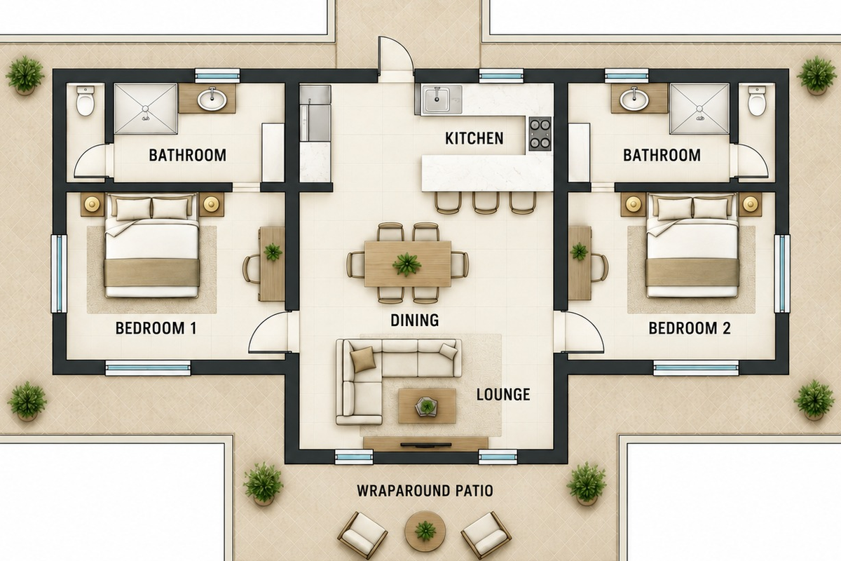 A detailed architectural floor plan showing a two-bedroom layout with en-suite bathrooms, an open-plan kitchen, dining, and lounge area, and a wraparound patio.