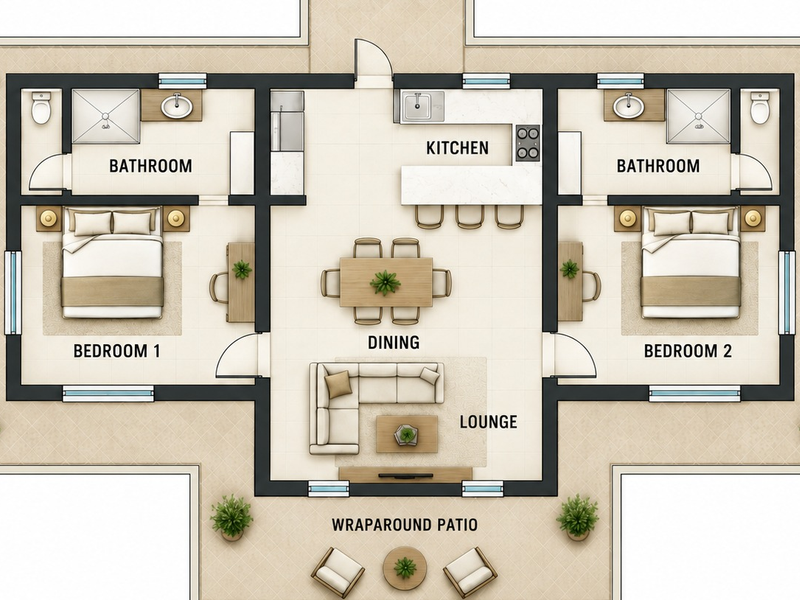 A detailed architectural floor plan showing a two-bedroom layout with en-suite bathrooms, an open-plan kitchen, dining, and lounge area, and a wraparound patio.
