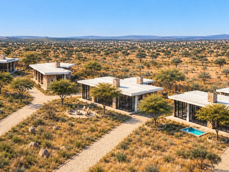 Aerial view of a luxury bushveld estate featuring multiple modern stone-clad villas with flat roofs, large glass facades, and a private plunge pool.