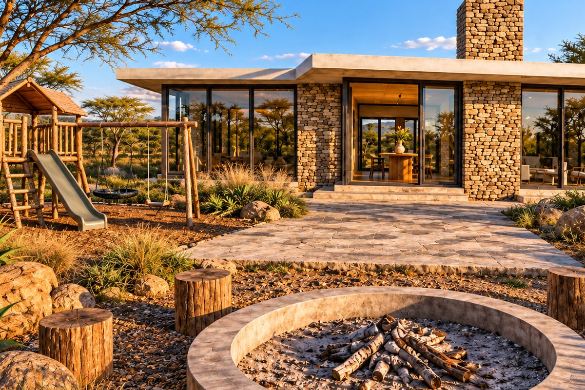 Modern rear exterior featuring stone cladding, a concrete patio with a built-in fire pit, and large sliding glass doors opening to the living area.