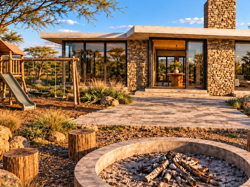Modern rear exterior featuring stone cladding, a concrete patio with a built-in fire pit, and large sliding glass doors opening to the living area.