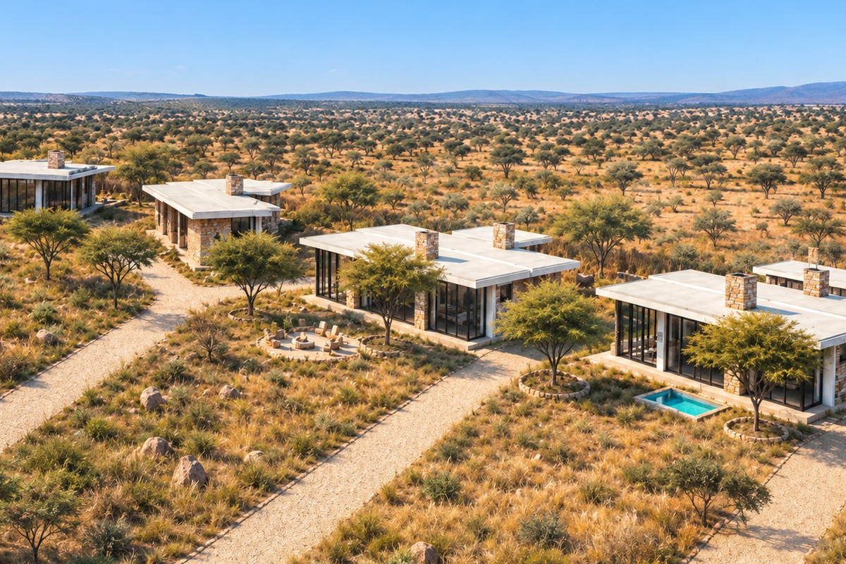Aerial view of a luxury bushveld estate featuring multiple modern stone-clad villas with flat roofs, large glass facades, and private plunge pools.