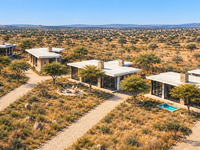 Aerial view of a luxury bushveld estate featuring multiple modern stone-clad villas with flat roofs, large glass facades, and private plunge pools.