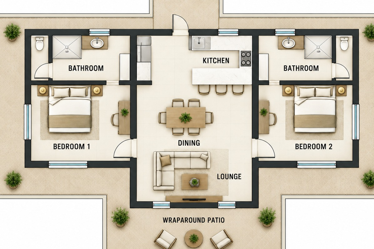 A detailed 2D floor plan showing a two-bedroom, two-bathroom layout with an open-plan kitchen, dining, and lounge area leading to a wraparound patio.