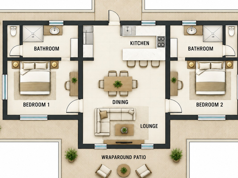 A detailed 2D floor plan showing a two-bedroom, two-bathroom layout with an open-plan kitchen, dining, and lounge area leading to a wraparound patio.