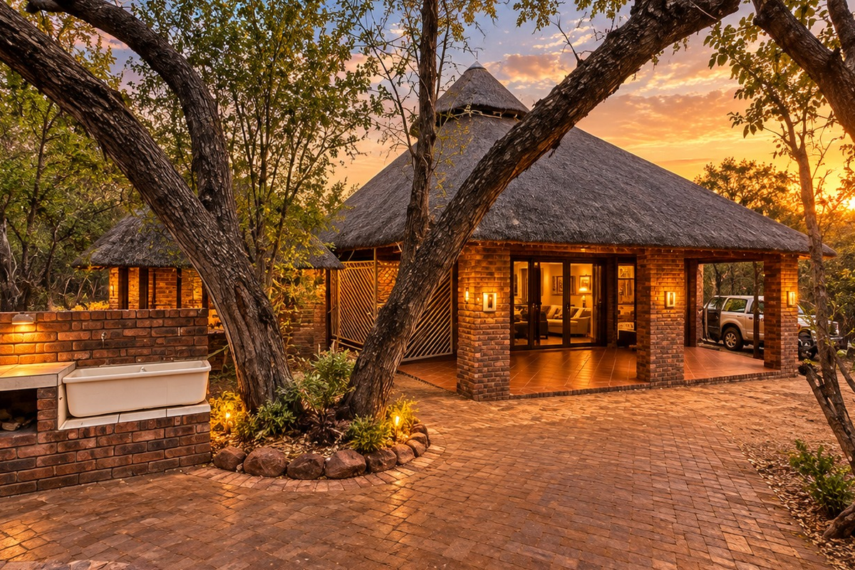 A charming farm-style dwelling featuring a traditional thatch roof, brick construction, and a covered patio area with a built-in outdoor sink and brick paving.
