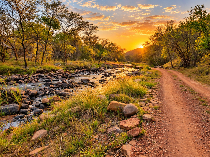 A scenic view of a natural stream running alongside a dirt farm road at sunset, showcasing the tranquil landscape of the property.