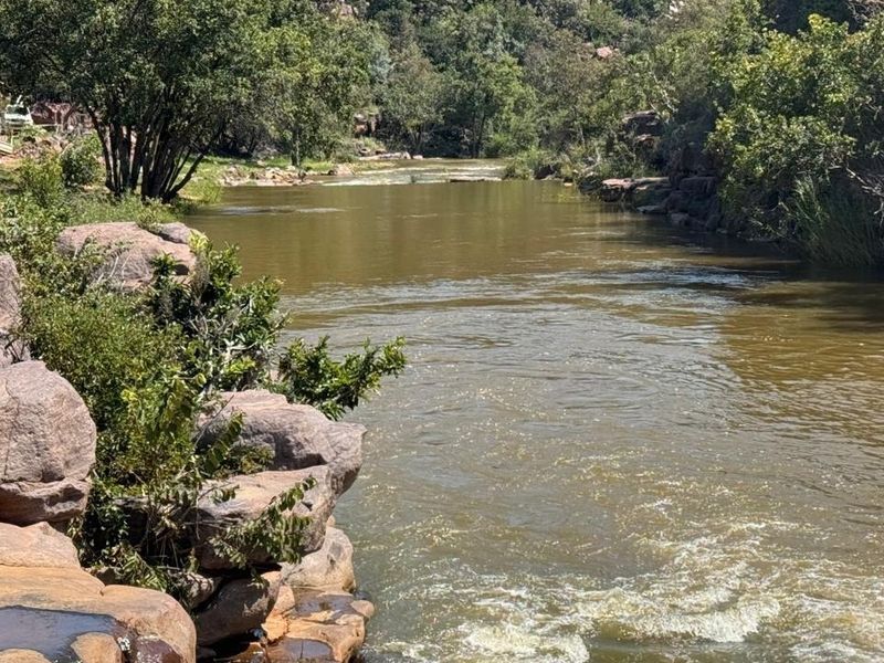 A scenic view of a natural river flowing through a rocky landscape with surrounding native trees and vegetation.