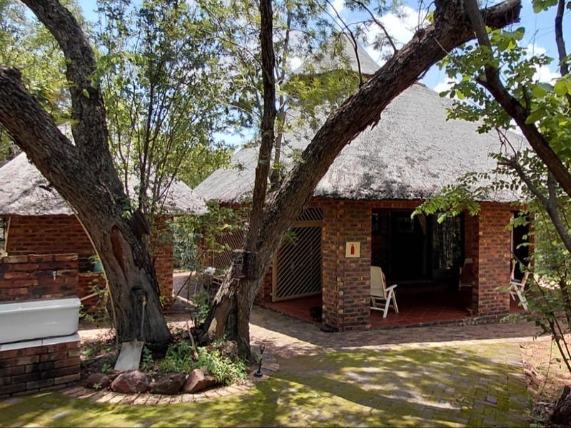 Rear view of a rustic face brick farm dwelling featuring a traditional thatch roof and a paved outdoor patio area.