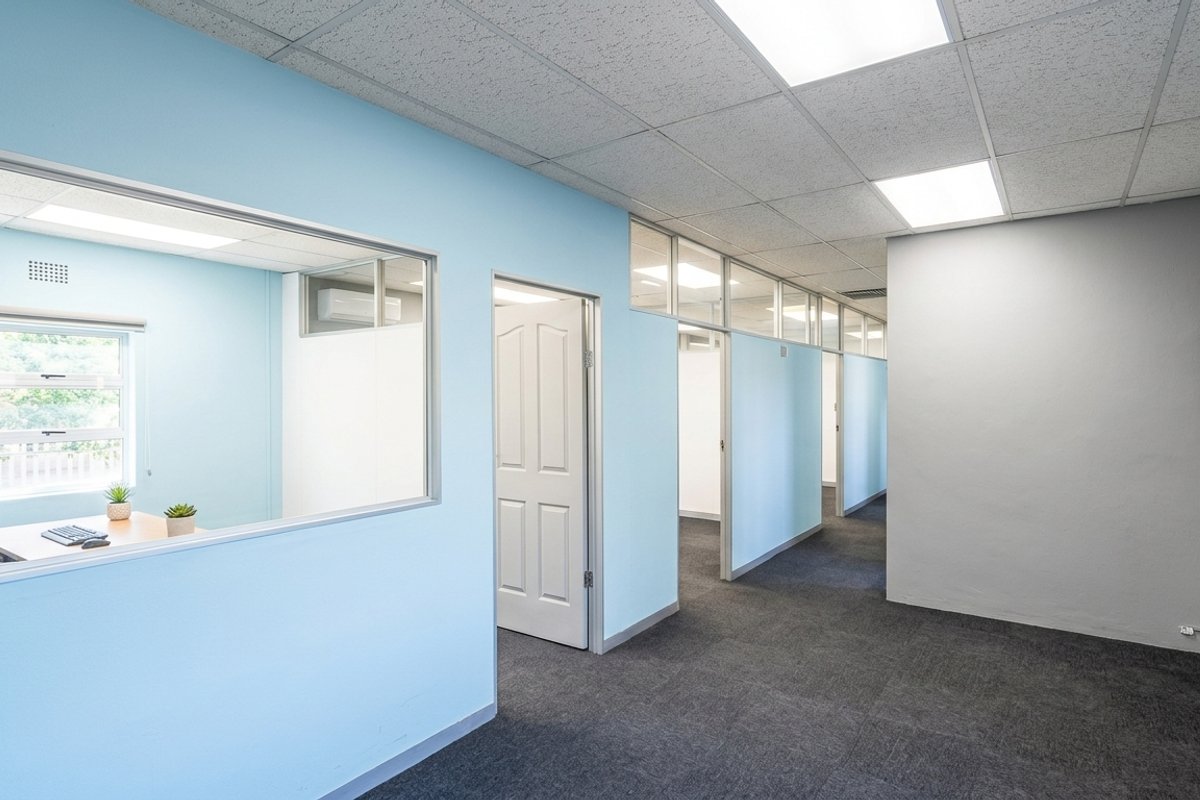 A bright, professional office space featuring glass partitions, suspended ceilings with recessed lighting, and clean carpet flooring, ideal for a modern workspace.