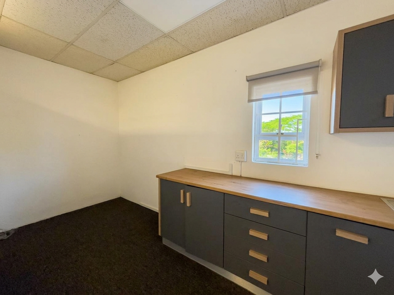 A functional office kitchenette featuring modern grey cabinetry, wood-look countertops, and a drop ceiling, providing a clean and practical workspace utility area.
