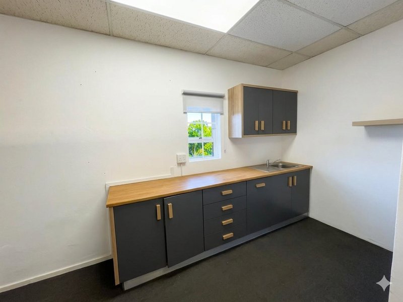 A clean, modern office kitchenette featuring dark grey cabinetry, wood-tone countertops, a stainless steel sink, and a drop ceiling with integrated lighting.