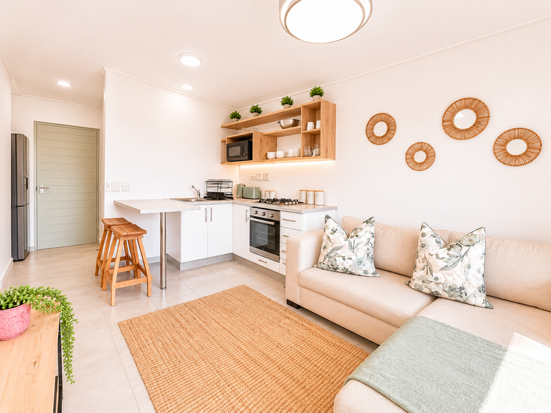 Modern open-plan living area featuring a compact, well-equipped kitchen with built-in appliances, sleek cabinetry, and neutral tiled flooring throughout.