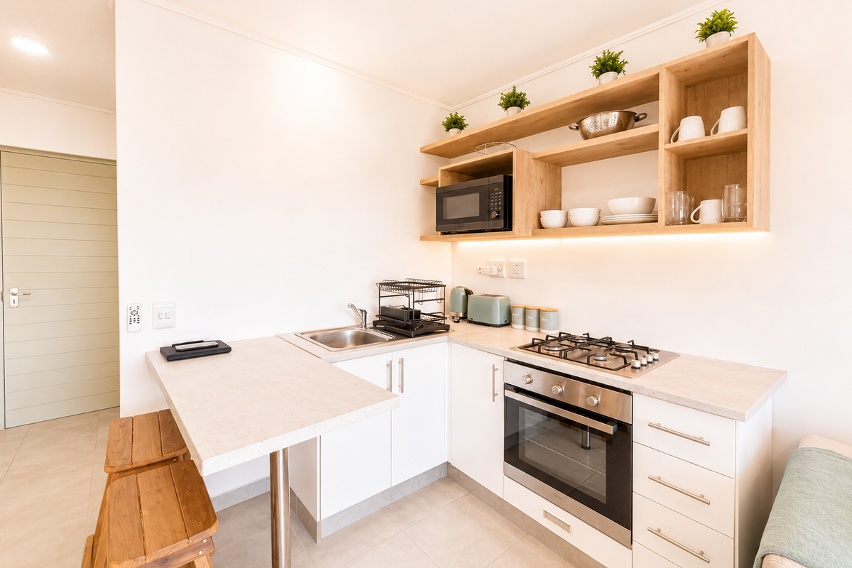 A modern, compact kitchen featuring white cabinetry, light wood open shelving, integrated gas hob, built-in oven, and a breakfast bar extension.