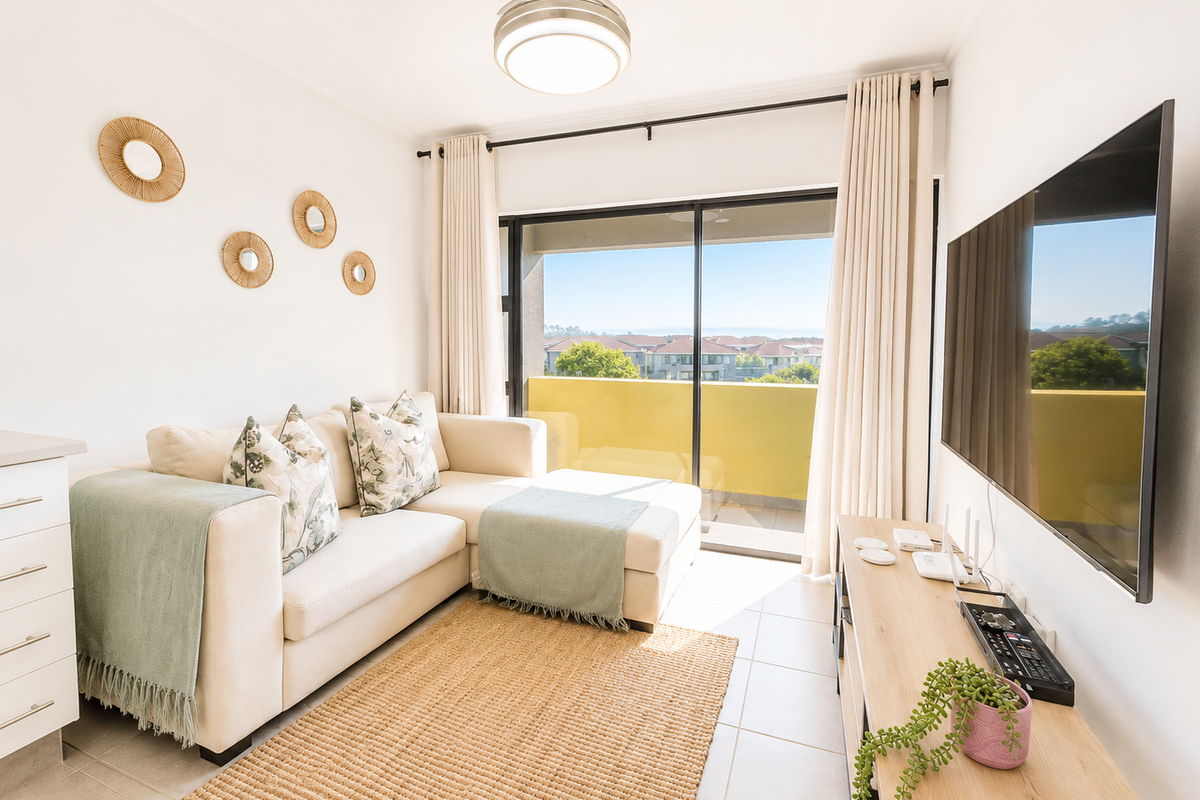 A bright and well-maintained living room featuring tiled flooring, a ceiling fan, and large sliding glass doors that open onto a balcony with scenic views.