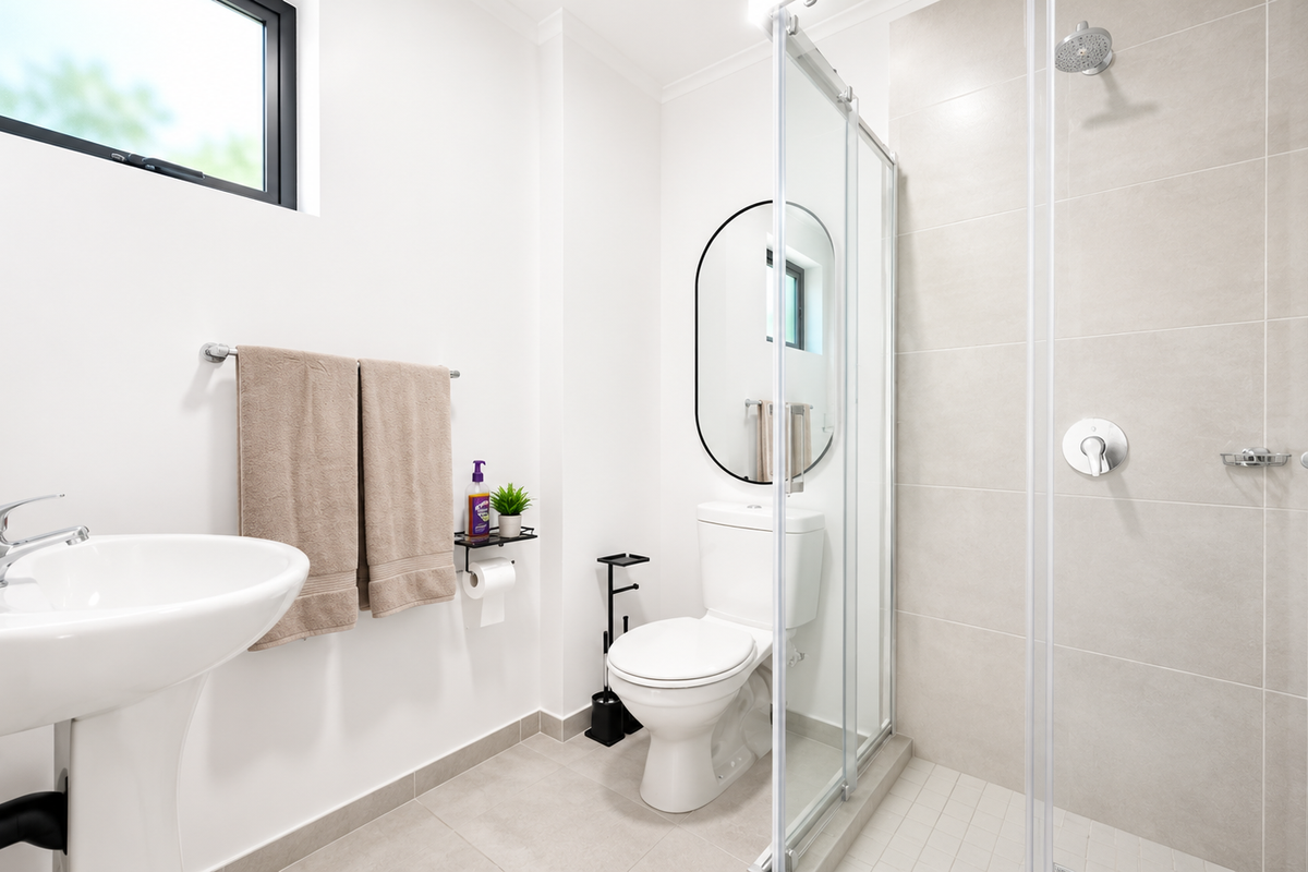 Modern bathroom featuring a pedestal basin, toilet, and a glass-enclosed shower with neutral wall and floor tiling.
