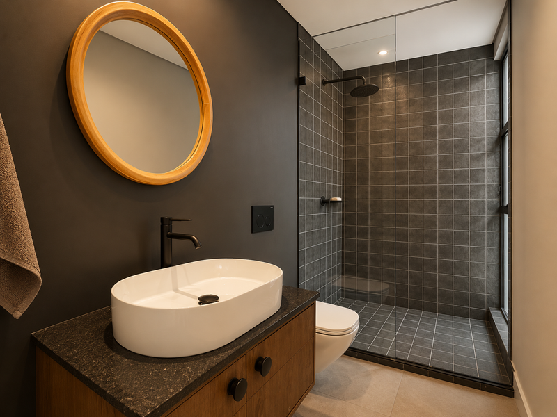 Modern bathroom featuring a dark accent wall, wooden vanity with vessel sink, and a spacious walk-in shower with dark tiled finishes.