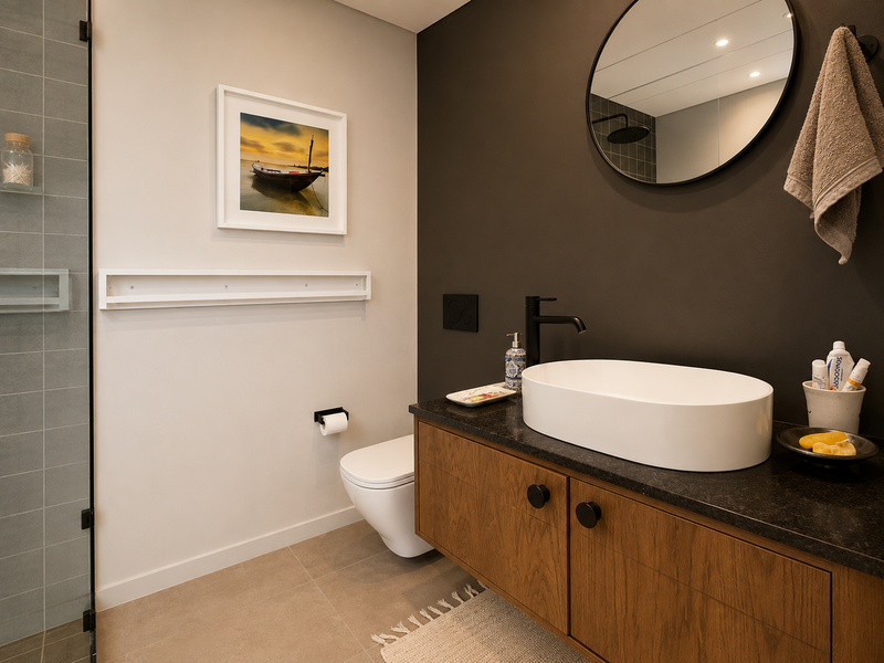 Modern bathroom featuring a floating wood vanity with stone countertop, vessel sink, wall-mounted toilet, and a glass-enclosed shower with dark accent wall.