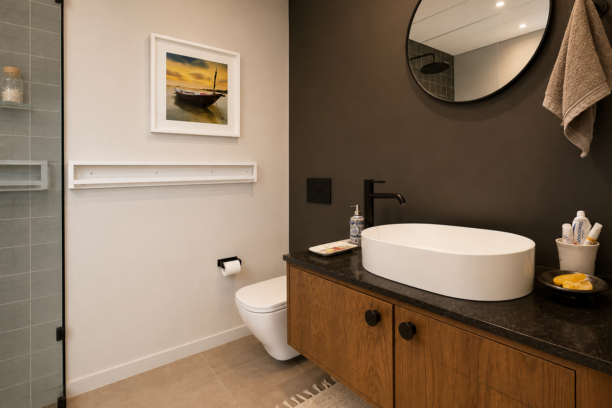 Modern bathroom featuring a floating wood vanity with stone countertop, vessel sink, wall-mounted toilet, and a glass-enclosed shower with dark accent wall.